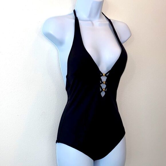 Trina Turk Algiers V-Plunge Embellished One- Piece Black Swimsuit TT0722 - Picture 4 of 16